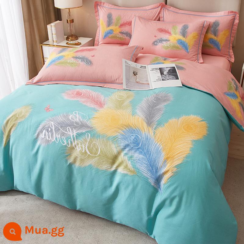 Phong Cách Trung Hoa Bộ 4 Bộ Ga Giường Cotton Vỏ Chăn Trang Bị Tấm 100 Đơn Giản Phong Cách Bắc Âu Chăn Ga Gối 4 Bộ 3 - Ngôn ngữ trái tim và ước mơ-xanh-glf