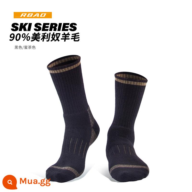 Vớ leo núi RBAO, Meru Nu Wool Men, Winter Plus Velvet dày Mid -Tube leo núi ngoài trời đi bộ đường dài 90%vớ len - [Mẫu 3335A] Đen/Nâu mật ong [90% Len Merino] Đơn và Đôi