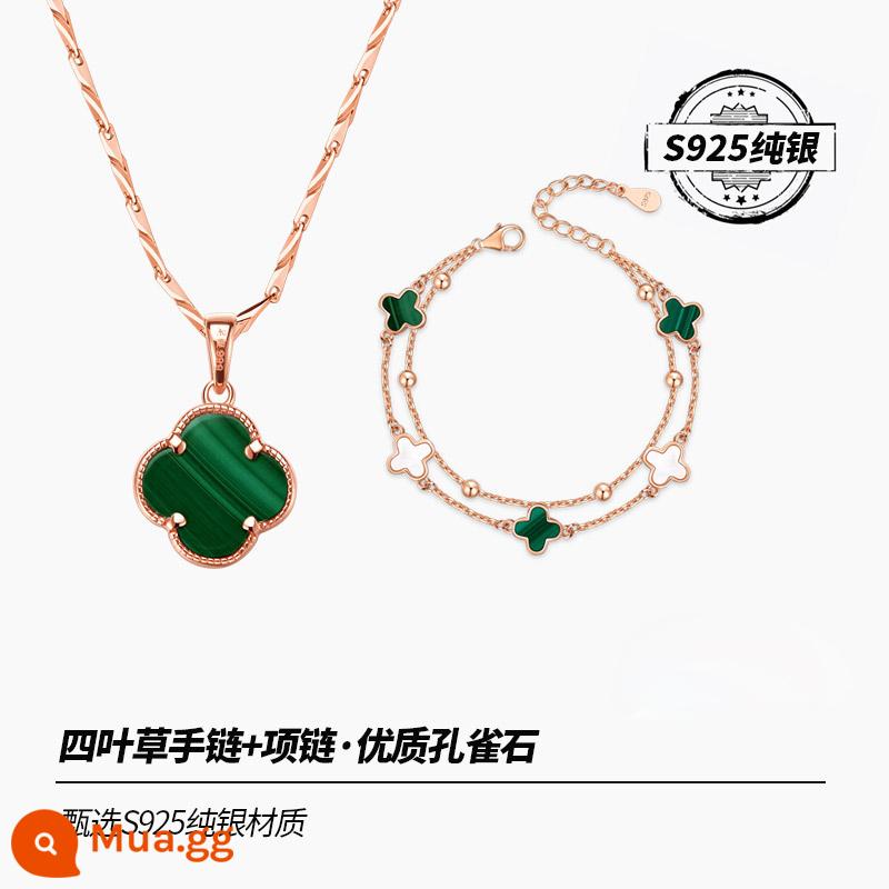 Malachite Cỏ Bốn Lá Vòng Tay Bạc Nữ Vòng Tay Bạc 2022 Cặp Đôi Mới Lễ Tình Nhân Quà Tặng Sinh Nhật Bé Gái - Vòng tay cỏ bốn lá Malachite + vòng cổ