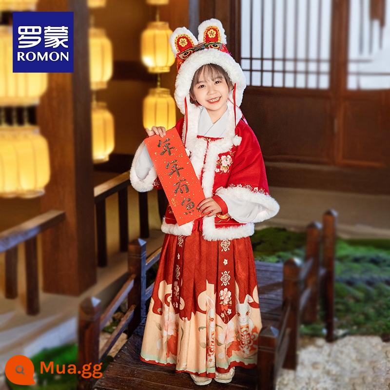 Trẻ em Hanfu bé gái mùa đông 2022 trang phục cổ mới cộng với nhung dày phong cách Trung Hoa cô gái Tang phù hợp với lời chúc mừng năm mới mùa đông - Bộ đồ ba mảnh thỏ đỏ dễ thương (áo khoác + áo khoác giữa + váy ngựa)