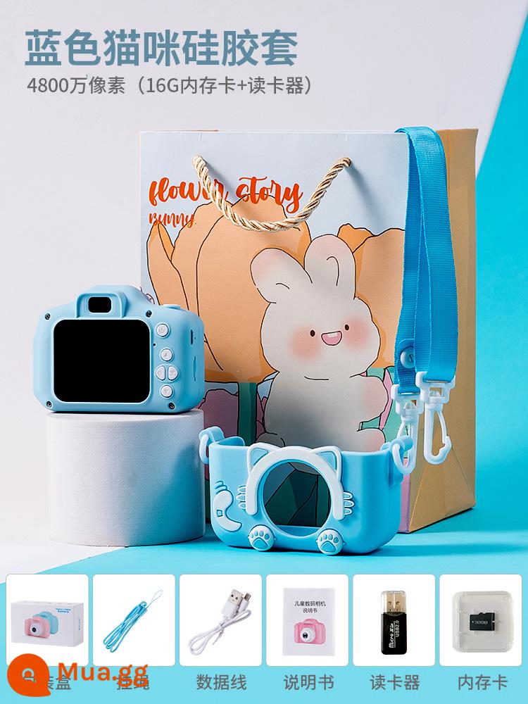 Trẻ Em Polaroid Máy Ảnh Mini Máy Ảnh Kỹ Thuật Số Đồ Chơi Có Thể Chụp Hình Bé Trai Và Bé Gái Món Quà Sinh Nhật Nhỏ - Vỏ silicon mèo xanh: 48 triệu pixel + thẻ 16G + đầu đọc thẻ + túi quà