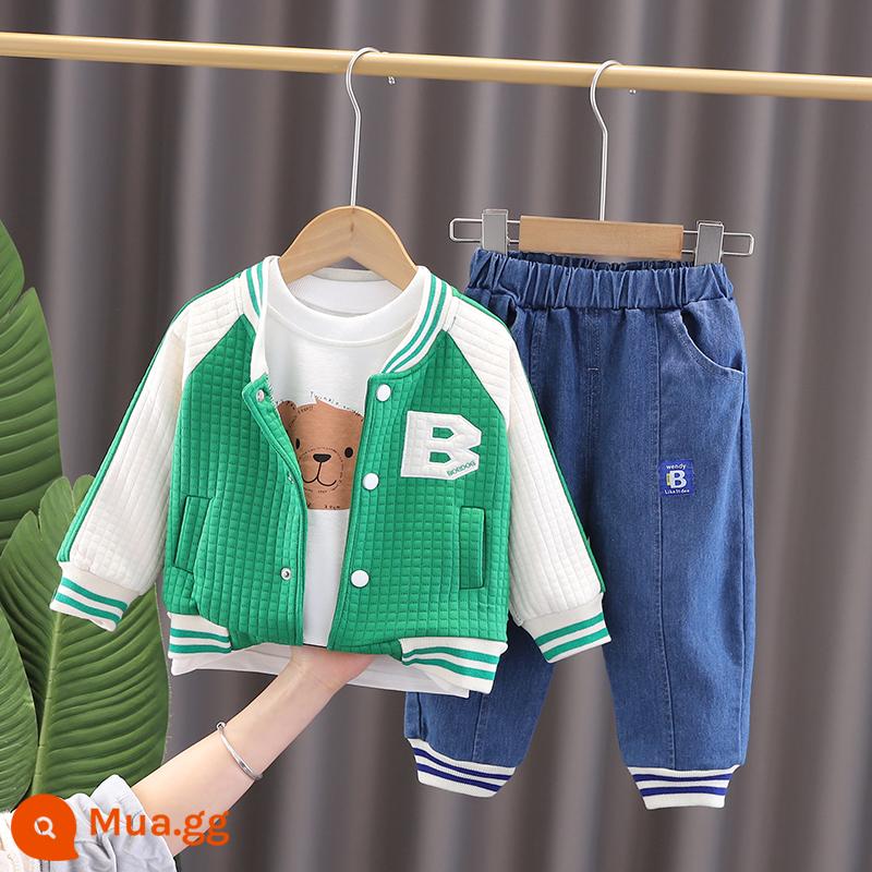 Bộ đồ trẻ em bé trai mùa xuân đẹp trai 2023 new baby xuân thu bộ đồ bóng chày ba mảnh phong cách nước ngoài trẻ sơ sinh - màu xanh lá