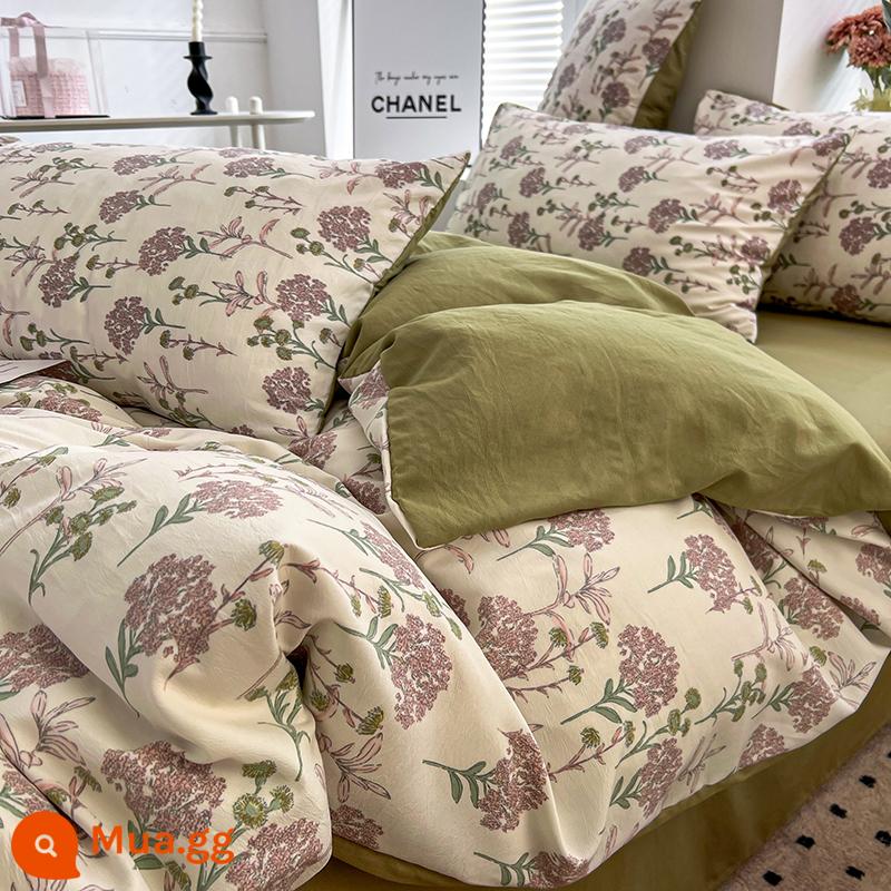 Bộ đồ giường bốn mảnh bằng vải cotton và vải lanh loại A đã giặt sạch, không phải cotton, bộ đồ giường bằng sợi bông nguyên chất hai lớp, vỏ chăn hoa bộ ba mảnh 4 - Những kỉ niệm xưa