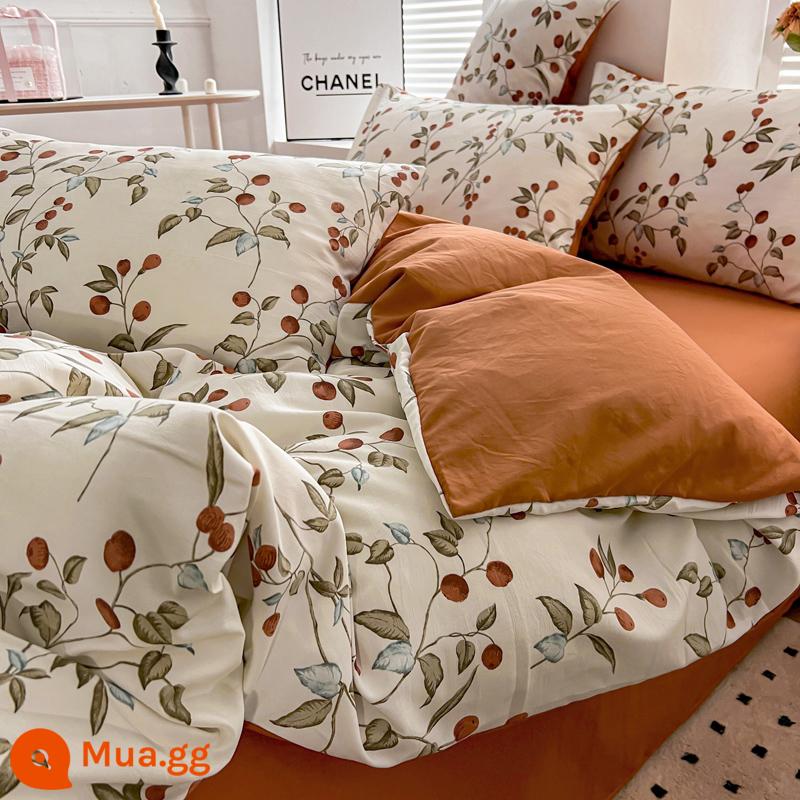 Bộ đồ giường bốn mảnh bằng vải cotton và vải lanh loại A đã giặt sạch, không phải cotton, bộ đồ giường bằng sợi bông nguyên chất hai lớp, vỏ chăn hoa bộ ba mảnh 4 - Hoa Tây