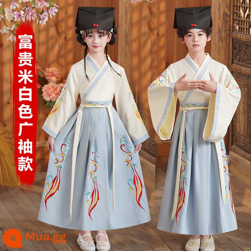 Sáu mốt Hanfu nam và trẻ em đồng phục học sinh Trung Quốc cổ đại Kinh thánh ba ký tự biểu diễn quần áo nữ Sách phong cách Trung Quốc trẻ em học sinh tiểu học - Tay áo rộng màu be đậm + mũ văn hóa truyền thống Trung Quốc