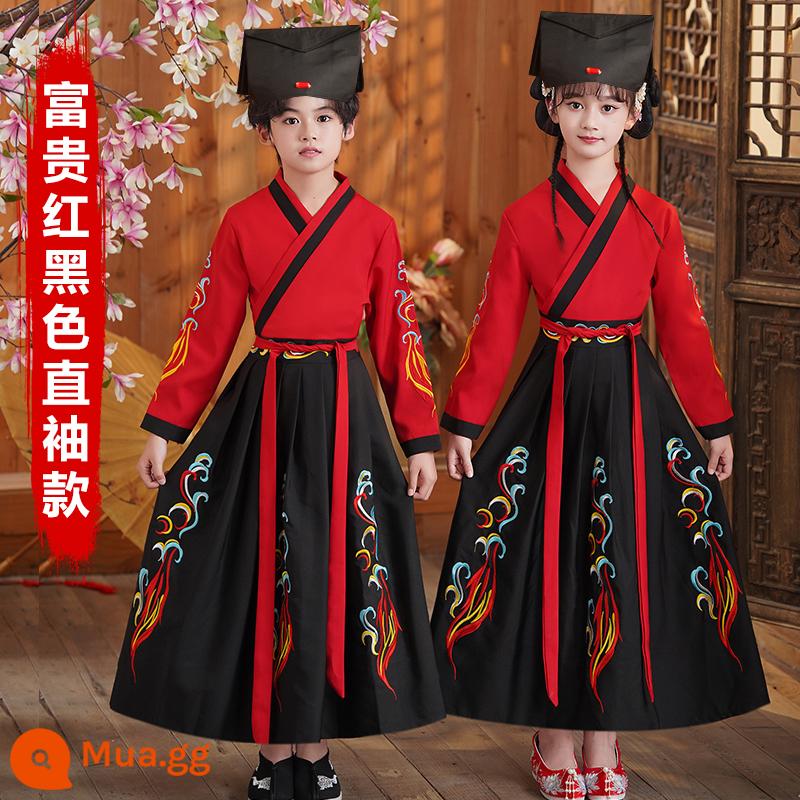 Sáu mốt Hanfu nam và trẻ em đồng phục học sinh Trung Quốc cổ đại Kinh thánh ba ký tự biểu diễn quần áo nữ Sách phong cách Trung Quốc trẻ em học sinh tiểu học - Tay áo thẳng màu đỏ và đen đậm + mũ văn hóa truyền thống Trung Quốc