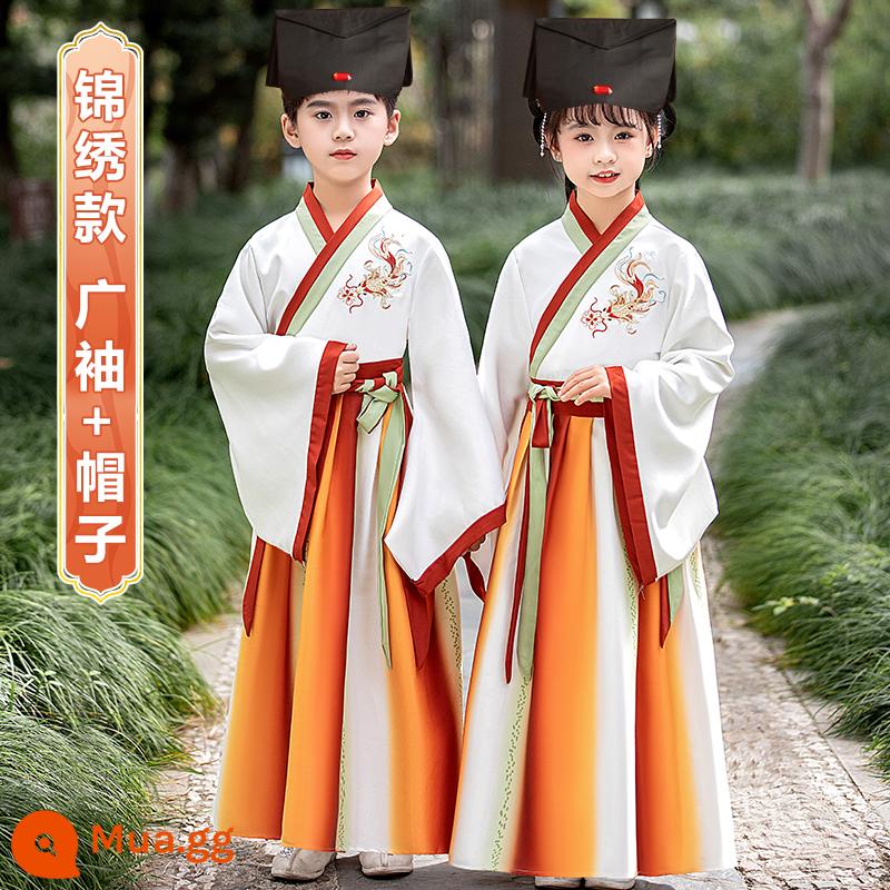 Sáu mốt Hanfu nam và trẻ em đồng phục học sinh Trung Quốc cổ đại Kinh thánh ba ký tự biểu diễn quần áo nữ Sách phong cách Trung Quốc trẻ em học sinh tiểu học - Kiểu dáng tay áo rộng lộng lẫy + mũ