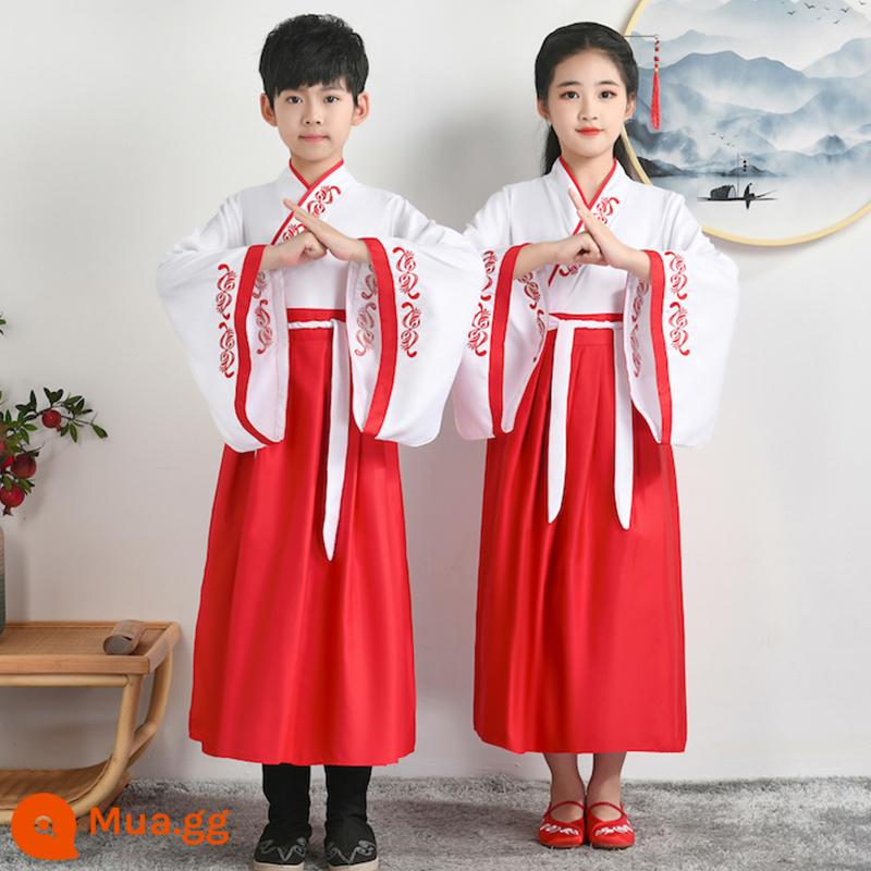 Sáu mốt Hanfu nam và trẻ em đồng phục học sinh Trung Quốc cổ đại Kinh thánh ba ký tự biểu diễn quần áo nữ Sách phong cách Trung Quốc trẻ em học sinh tiểu học - Mẫu tay áo rộng màu đỏ