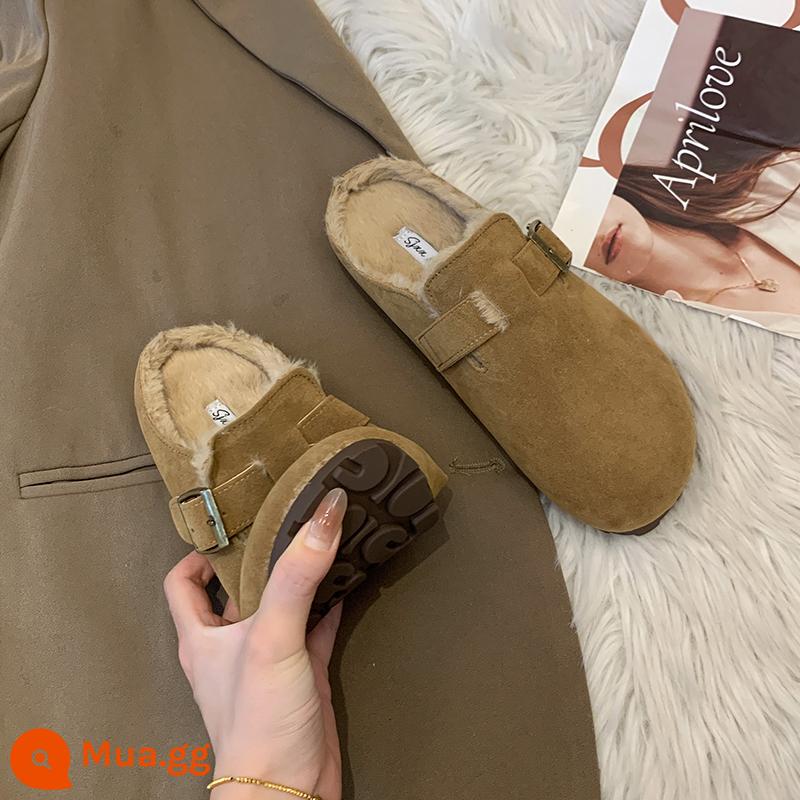 Giày Birkenstock Da Thật Nữ Lông Bao Đầu Dép Nửa Cho Áo Khoác Ngoài 2023 Mới Mùa Thu Đông Plus Nhung Nhà Bà Bầu Dép Bông - Khaki