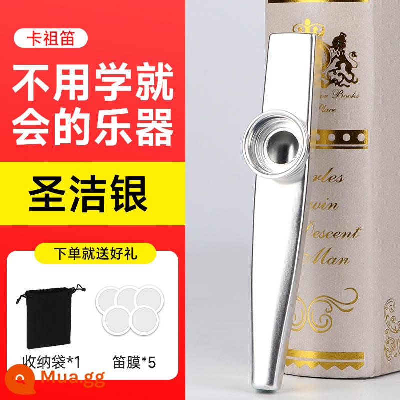 Đẳng cấp biểu diễn sáo Metal Kazu kazoo sáo mới sáo Zuka đệm guitar nhạc cụ không cần học - Bạc thánh + 5 miếng màng sáo + túi đựng