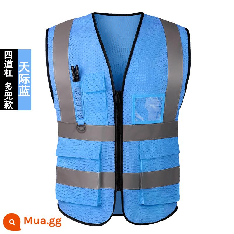 Vest an toàn phản quang vệ sinh xây dựng vest công trường xây dựng quần áo phản quang yếm cưỡi giao thông áo khoác kích thước lớn tùy chỉnh - Nhiều túi màu xanh hồ [lưới] được khuyên dùng cho mùa hè