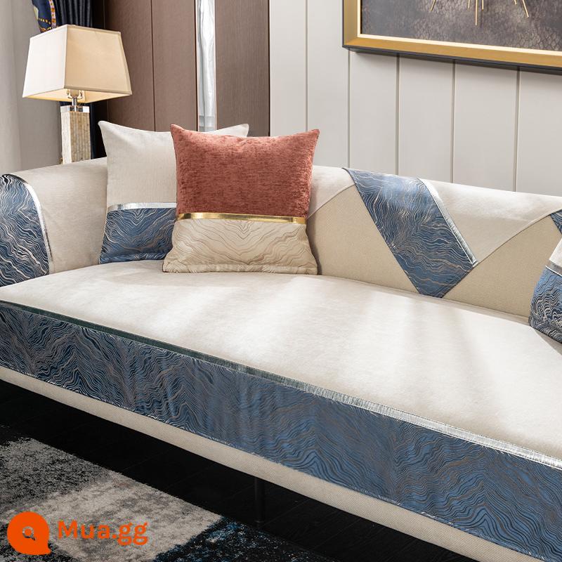 Đệm sofa phong cách sang trọng màu đen ánh sáng bốn mùa phổ thông đơn giản hiện đại cao cấp thời trang sang trọng chống trượt bọc ghế sofa da khăn - Gạo Anlan viền trắng xanh