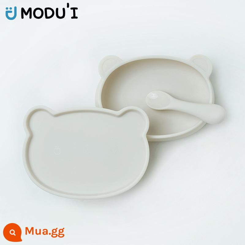 [Tự vận hành] Bộ đồ ăn trẻ em không dùng kim loại modui Hàn Quốc Muỗng silicone chống rơi Bộ đồ ăn hình gấu cho trẻ em Kem - kem trắng