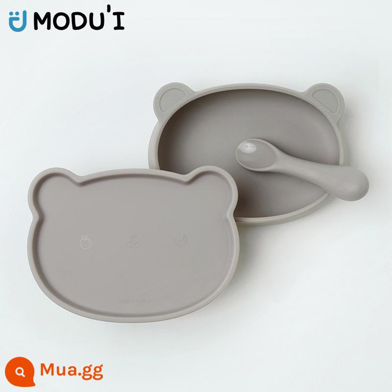 [Tự vận hành] Bộ đồ ăn trẻ em không dùng kim loại modui Hàn Quốc Muỗng silicone chống rơi Bộ đồ ăn hình gấu cho trẻ em Kem - nâu nhạt