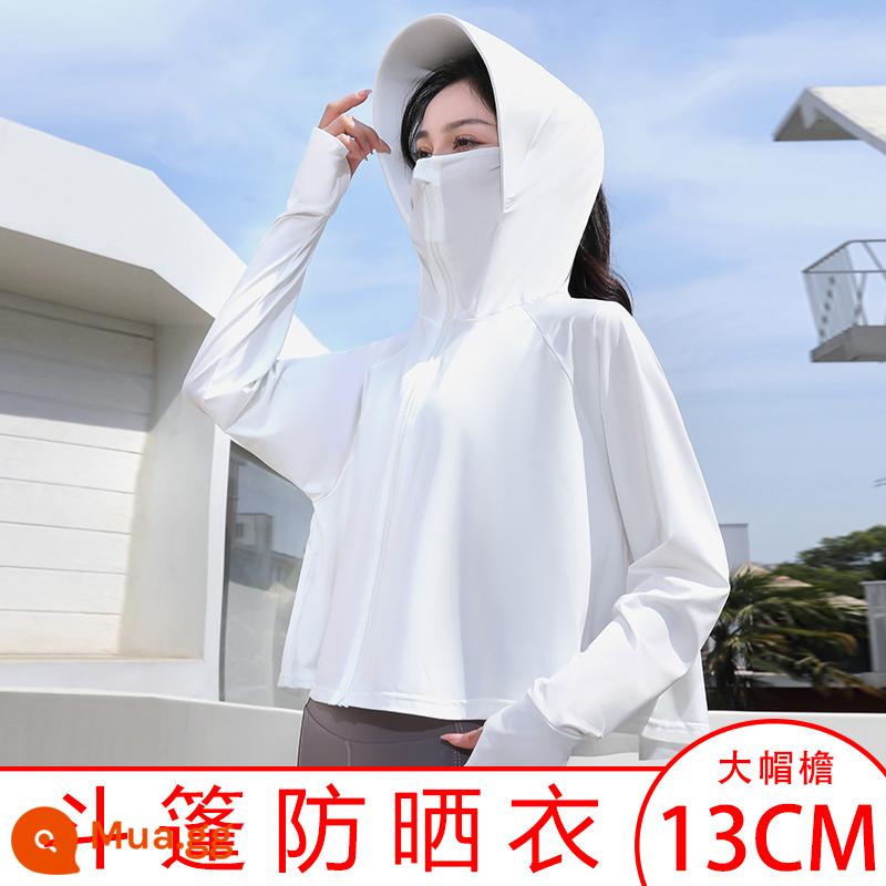 Quần Áo Chống Nắng Mới 2023 Áo Khoác Cardigan Mỏng Mùa Hè Có Mũ Trùm Đầu Dài Tay Rời Băng Lụa Sinh Viên Quần Áo Chống Nắng Thoáng Khí - Vành lớn màu trắng