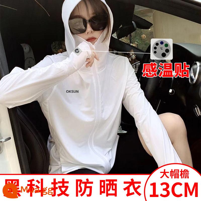 Quần Áo Chống Nắng Mới 2023 Áo Khoác Cardigan Mỏng Mùa Hè Có Mũ Trùm Đầu Dài Tay Rời Băng Lụa Sinh Viên Quần Áo Chống Nắng Thoáng Khí - Vành lớn-trắng-Công nghệ OKSUN