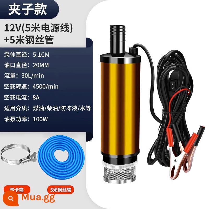 Bơm dầu hiện vật điện 12 v máy bơm nước nước tiếp nhiên liệu bơm dầu diesel nhỏ 24 máy thiết bị mini xe hút - [Mẫu nâng cấp] Mẫu kẹp 12V + Ống thép chống đông 5 mét