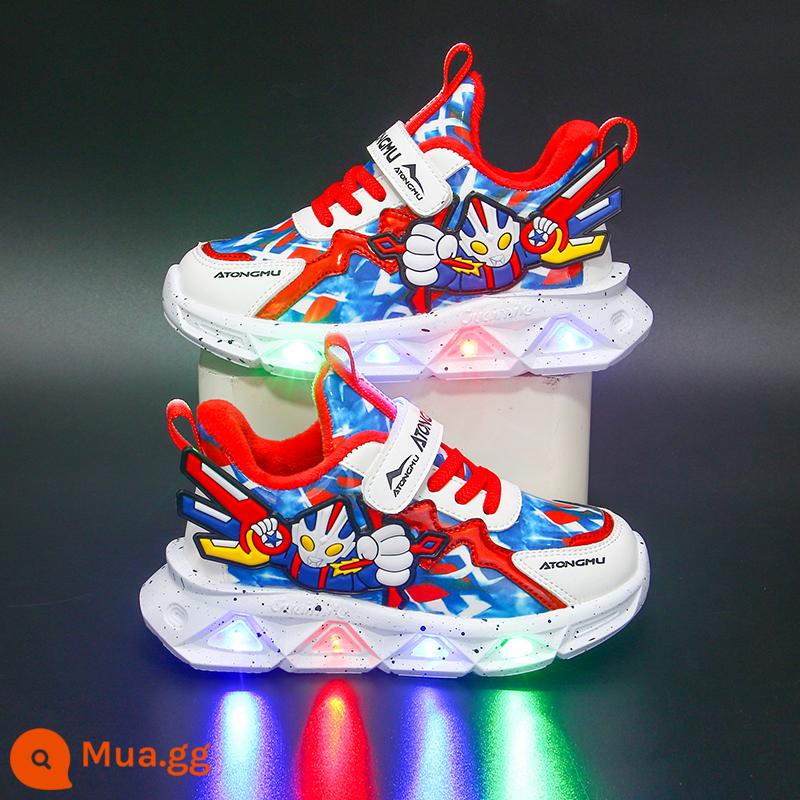 Li-Ning Hydrogen Cloud đồng thương hiệu Ultraman 2024 mùa xuân trẻ em bọc da giày phát sáng cho bé trai có đèn - Giày da trắng đỏ LT-877