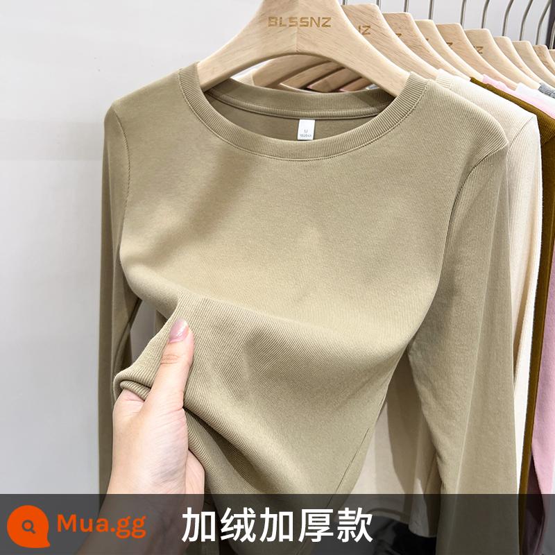 Áo thun dài tay cotton nguyên chất cho nữ đầu thu 2023 mới cổ tròn cổ tròn áo phông phối nhung đáy nhung cho nữ mặc vào mùa thu đông - [Mẫu Khaki cộng với nhung và dày]