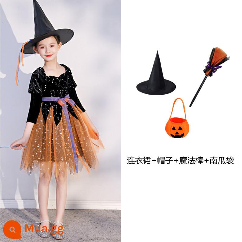 Trang phục Halloween trẻ em, trang phục phù thủy, váy phù thủy bé gái, trang phục cosplay kinh dị, trang phục ma cà rồng - Váy cam + mũ + túi bí ngô + chổi