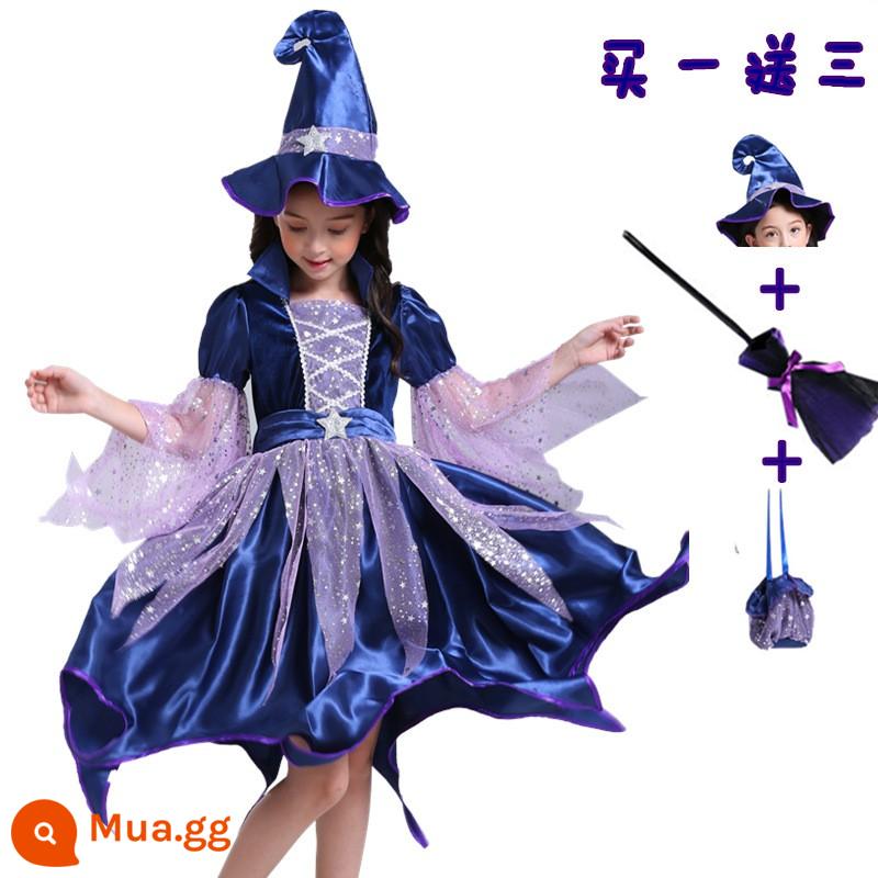 Trang phục Halloween trẻ em, trang phục phù thủy, váy phù thủy bé gái, trang phục cosplay kinh dị, trang phục ma cà rồng - Váy xanh hải quân + mũ + túi kẹo + chổi