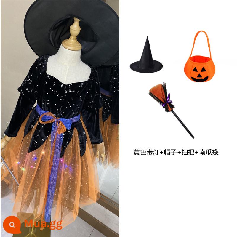 Trang phục Halloween trẻ em, trang phục phù thủy, váy phù thủy bé gái, trang phục cosplay kinh dị, trang phục ma cà rồng - Váy màu cam có đèn + mũ + túi bí ngô + chổi