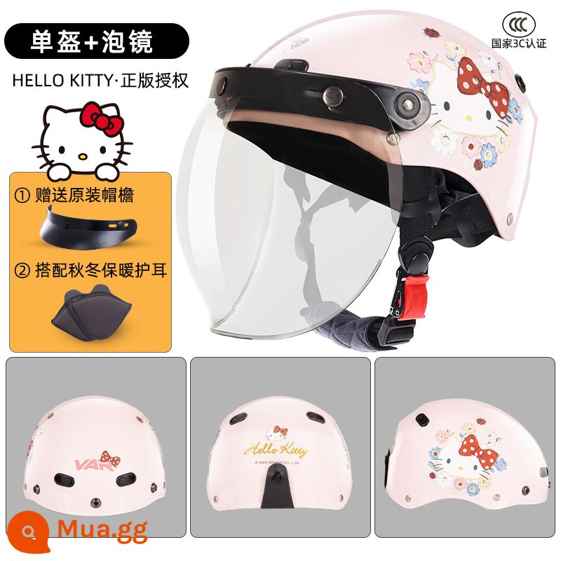 VAR doanh HelloKitty xe điện mùa đông ấm mũ bảo hiểm nữ dễ thương cưỡi mũ bảo hiểm bốn mùa - Nơ hoa hồng chấm bi KT + gương bong bóng trong suốt