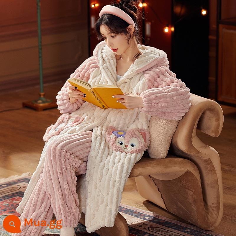 Bộ đồ ngủ ba pyjamas nữ mùa thu và mùa đông san hô dày - 6011-1JI Mũ Trùm Đầu Cáo Tai Hồng Mai (Quần Đệm)