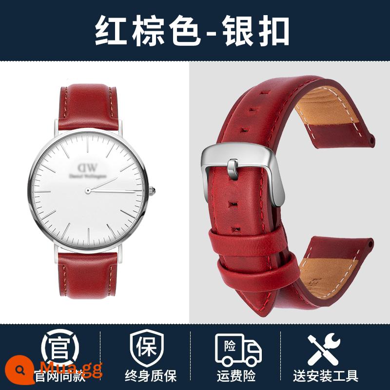 Thích hợp cho dây đeo dw da thật chính hãng nam nữ Daniel Wellington khóa pin dây da bò retro dây đồng hồ đa năng - Khóa bạc màu nâu đỏ [mẫu gốc]