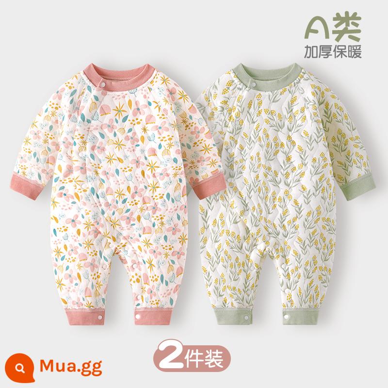 Jumpsuit cho bé mùa xuân, mùa thu và mùa đông mùa đông ấm áp chần bông mùa thu quần áo sơ sinh đầu mùa thu cho bé dày lên phù hợp với - Tai lúa mì + hoa|2 cái