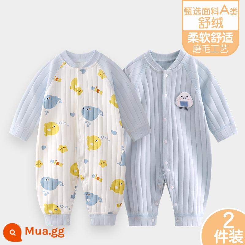 Áo liền quần cho bé Shuvelvet cotton sơ sinh ấm áp mùa xuân và mùa thu đông đi chơi romper quần áo trẻ em bộ đồ thu đông - [Shu Rong] Thế giới đại dương + Xanh lam