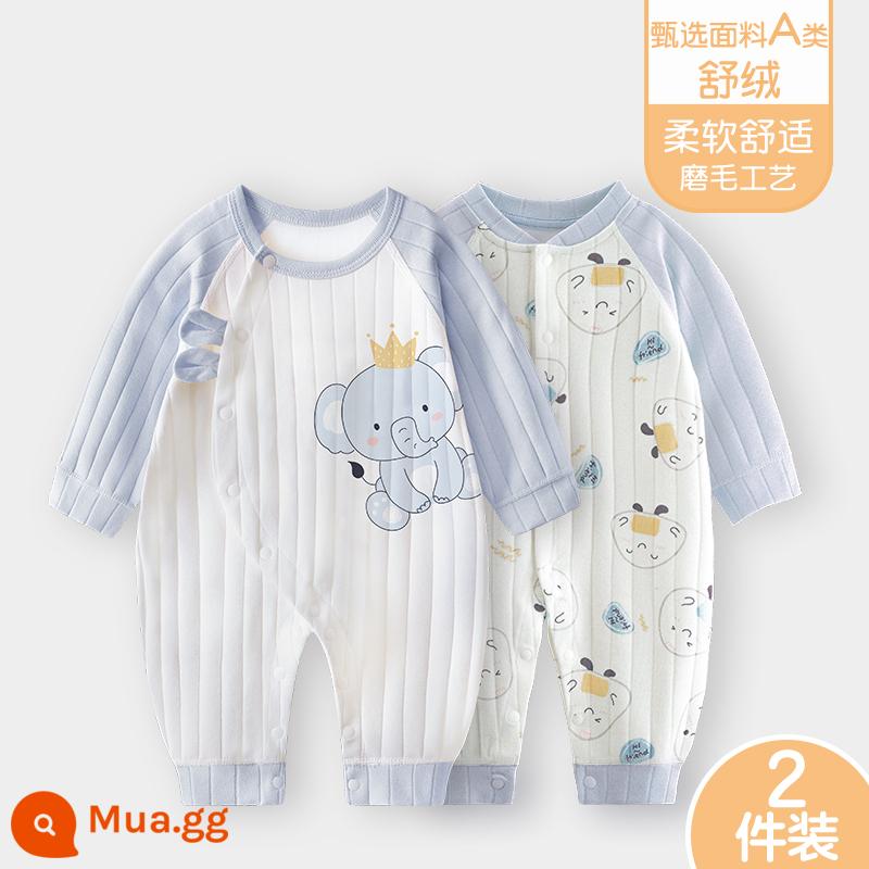 Áo liền quần cho bé Shuvelvet cotton sơ sinh ấm áp mùa xuân và mùa thu đông đi chơi romper quần áo trẻ em bộ đồ thu đông - [Shu Rong] Vua Voi + Xanh B