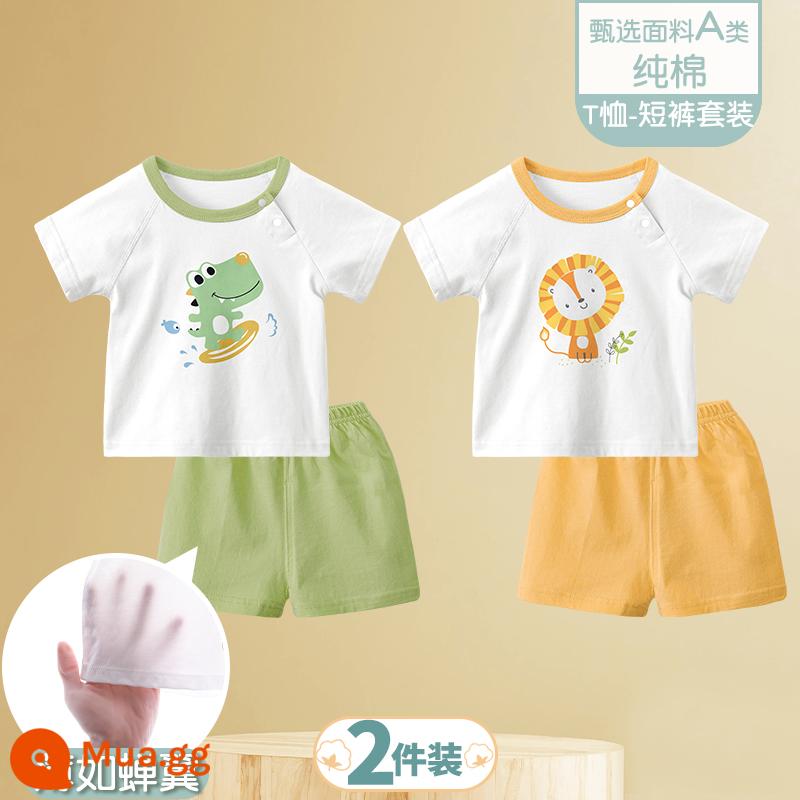 Bộ đồ ngắn tay mùa hè cho bé quần short bé cotton mỏng sơ sinh quần áo hai mảnh mùa hè bé trai và bé gái - [Bộ đồ ngắn tay] Lướt sóng + thú cưng sư tử/2 chiếc