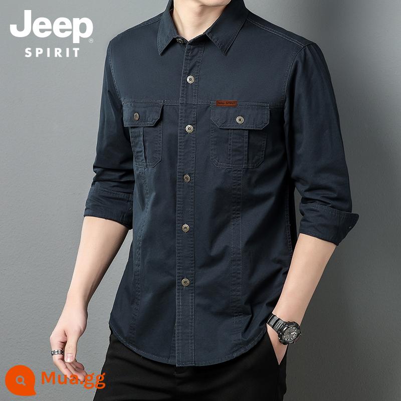 JEEP Mỹ dụng cụ áo sơ mi dài tay áo khoác nam mùa xuân và mùa thu giản dị 2023 áo sơ mi ngắn tay cotton mới mùa hè - Màu xanh hải quân