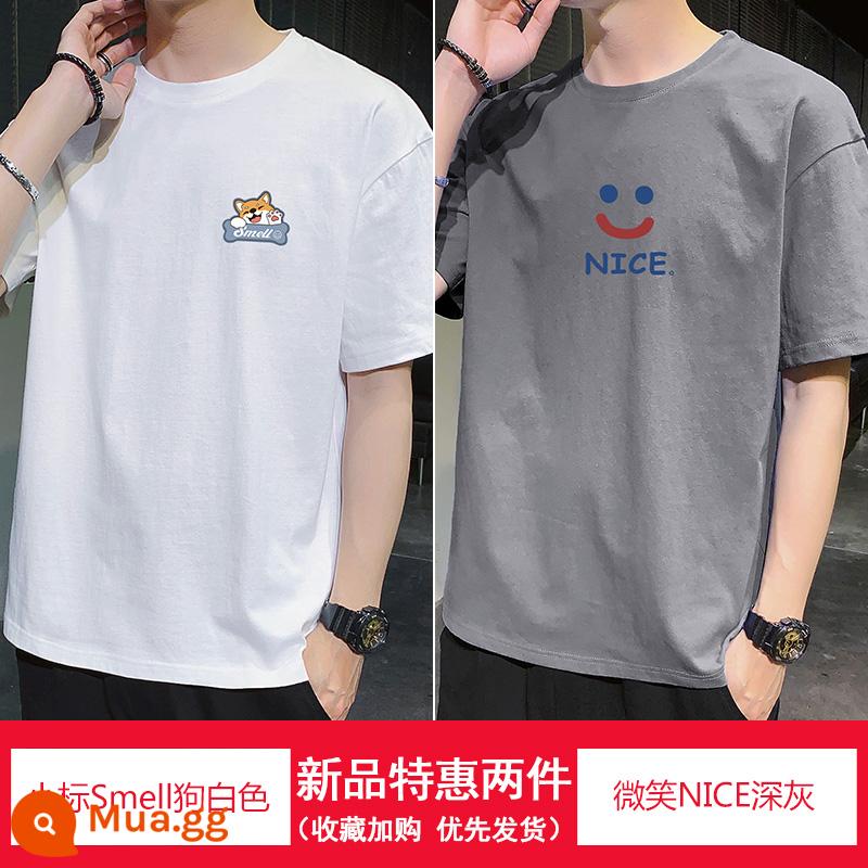 Nanjiren mùa hè mới áo thun cotton ngắn tay áo sơ mi nam có đáy rộng cổ tròn in hình học sinh Áo thun nửa tay - Chó có mùi tiêu chuẩn nhỏ Trắng + Nụ cười NICE Xám đậm