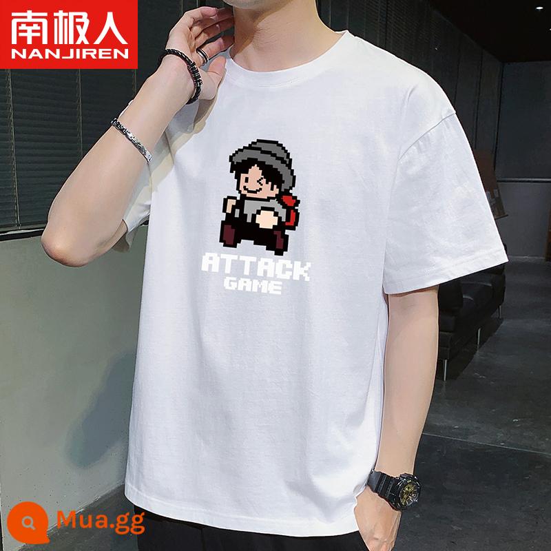 Nanjiren mùa hè mới áo thun cotton ngắn tay áo sơ mi nam có đáy rộng cổ tròn in hình học sinh Áo thun nửa tay - ATT khảm trắng