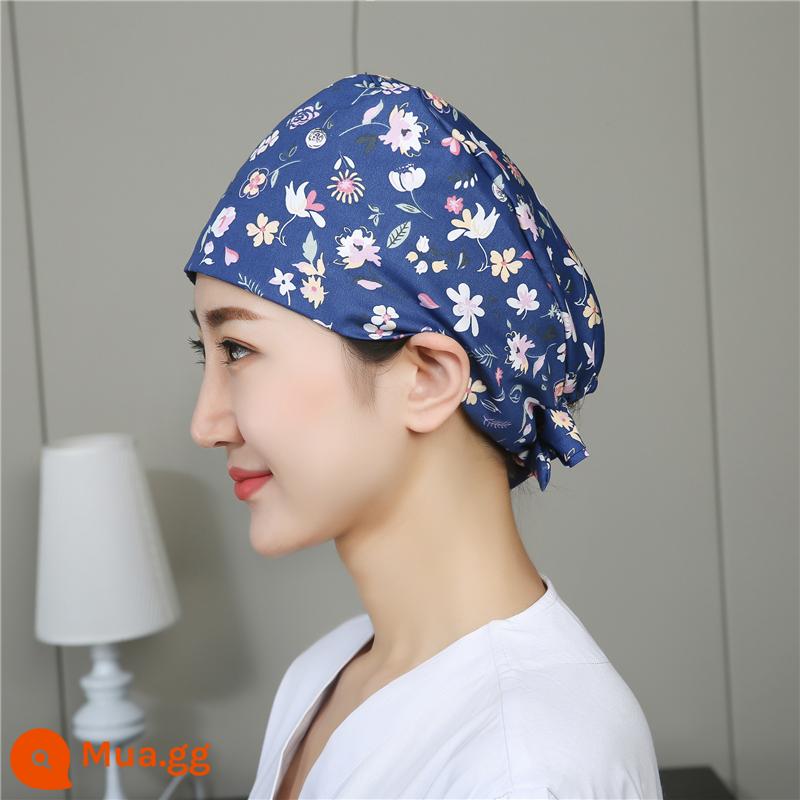 Mũ phòng mổ nữ cotton mũ y tá giam hóa trị bao đầu mũ phòng khám nha khoa bác sĩ làm việc mũ nam - Sợi polyester hoa màu xanh đậm