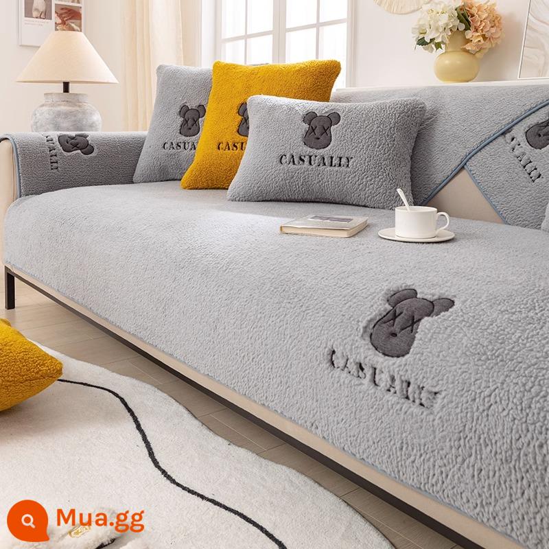 Lông Cừu Nhung Sofa Đệm Mùa Đông Dày Sang Trọng Đệm Chống Trơn Trượt Da Ghế Sofa Mùa Thu Đông Đệm Khăn Vải - Gấu bạo lực - xám