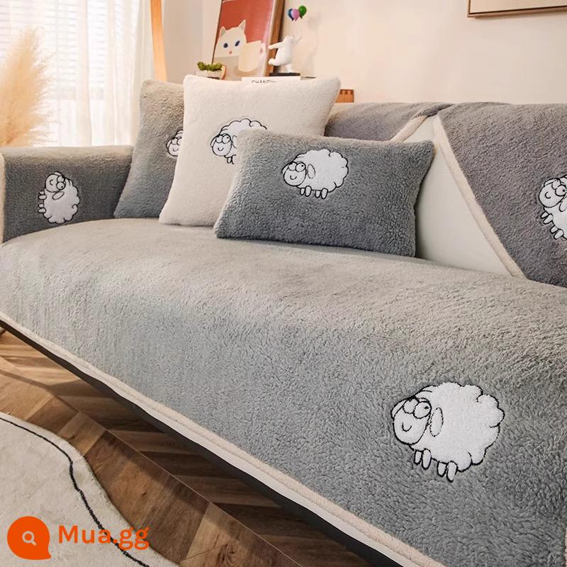 Lông Cừu Nhung Sofa Đệm Mùa Đông Dày Sang Trọng Đệm Chống Trơn Trượt Da Ghế Sofa Mùa Thu Đông Đệm Khăn Vải - Màu xám Sherpa