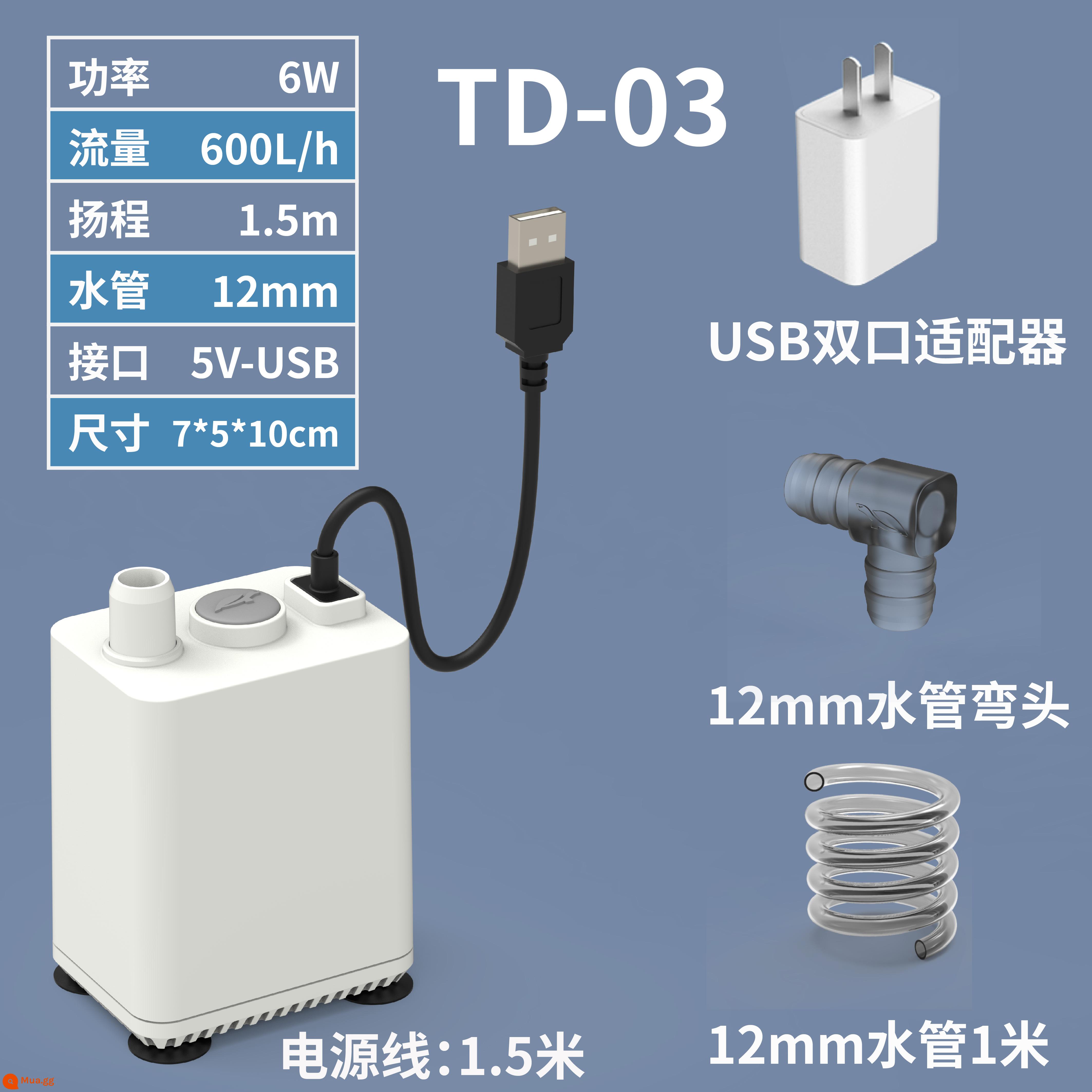 Băng Bắc Cực USB Nhỏ Máy Bơm Nước Mini Bể Cá Rùa Xe Tăng Chu Kỳ 5V Micro Bơm Im Lặn Đáy Thấp bơm Hút - [6W+Bộ chuyển đổi]TD03+Bộ chuyển đổi