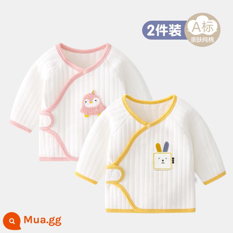 2 gói cho bé 0-3 tháng tuổi áo hở lưng không xương bằng vải cotton nguyên chất mùa xuân, mùa thu và mùa đông áo sơ sinh mỏng và quần áo mùa hè - Ba lớp ấm áp-2 miếng (thỏ vàng + gà hồng)