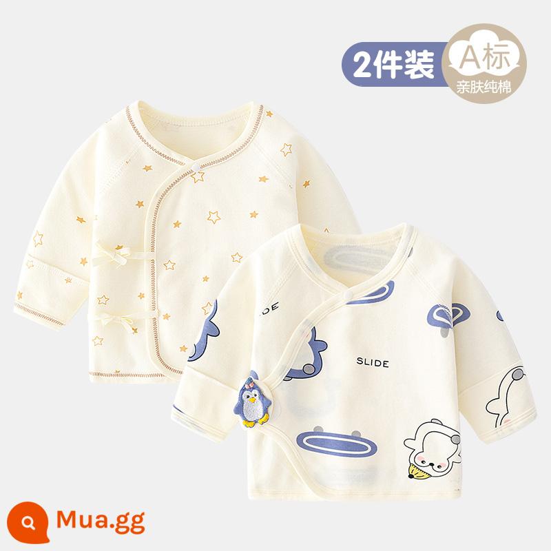 2 gói cho bé 0-3 tháng tuổi áo hở lưng không xương bằng vải cotton nguyên chất mùa xuân, mùa thu và mùa đông áo sơ sinh mỏng và quần áo mùa hè - Phong cách bốn mùa - 2 miếng (chim cánh cụt nhỏ + ngôi sao nhỏ)