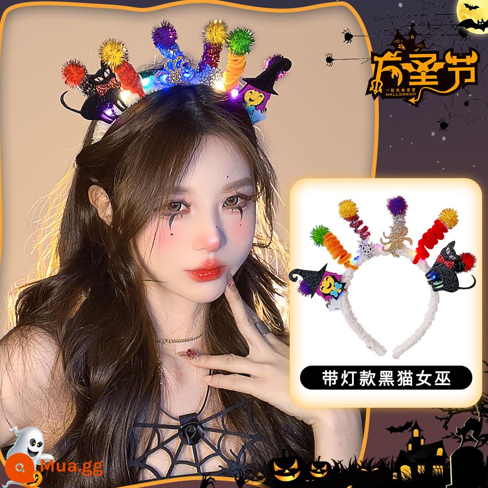 Halloween mũ đội đầu hình ảnh ngộ nghĩnh đạo cụ cos phụ kiện cài áo dạ quang tóc vòng tóc trang trí phụ kiện tóc tóc vòng - Băng Đô Cài Tóc Phù Thủy Nhỏ Mèo Đen Có Đèn