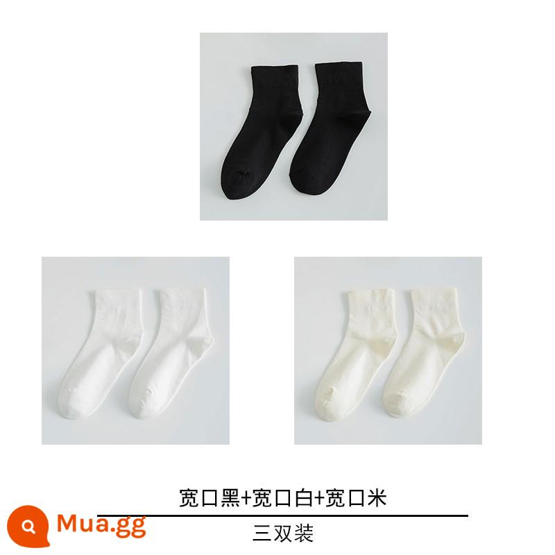 Tất trắng cho nữ, cotton mỏng nguyên chất, sinh nhật nam nữ thêu mùa xuân thu của cặp đôi vớ cotton nam mùa hè - [Mẫu cơ bản] Miệng rộng đen + Miệng rộng trắng + Cơm miệng rộng [3 đôi]