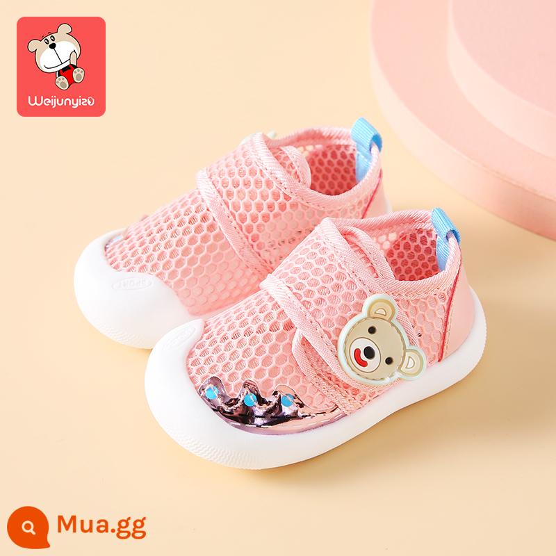 Giày tập đi nữ giày sandal mùa hè giày em bé đế mềm chống trượt xuân thu 0-1 tuổi 3 mặt lưới nam giày lưới thoáng khí - Gấu hồng