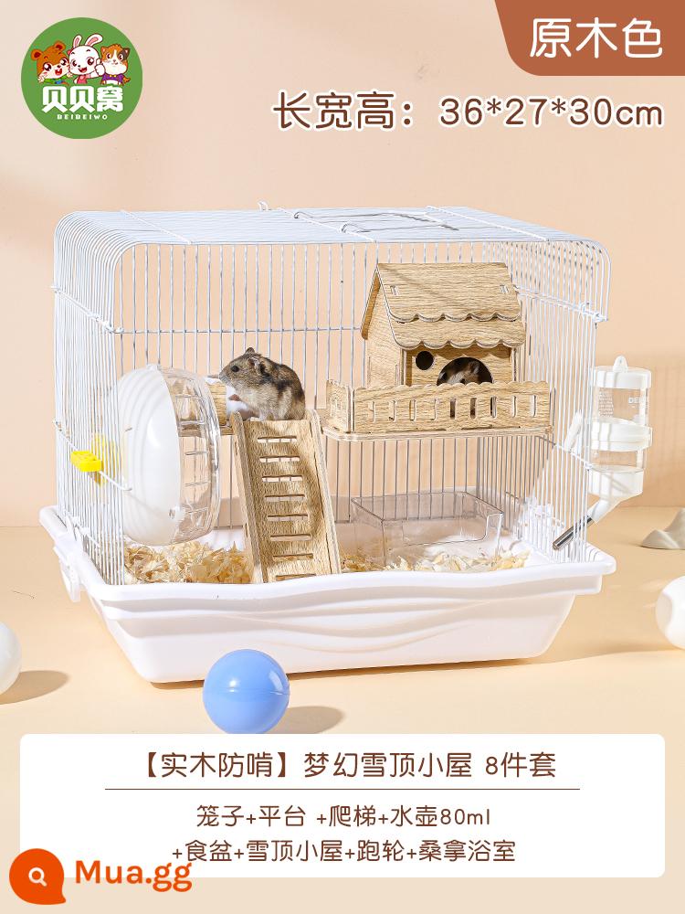 Gấu vàng lồng hamster nhỏ chuyên dụng gỗ đặc không gian rộng mới tập full set biệt thự siêu lớn sang trọng 2 lớp cực lớn - Bộ Dream Snow Cabin 8 món Màu Gỗ