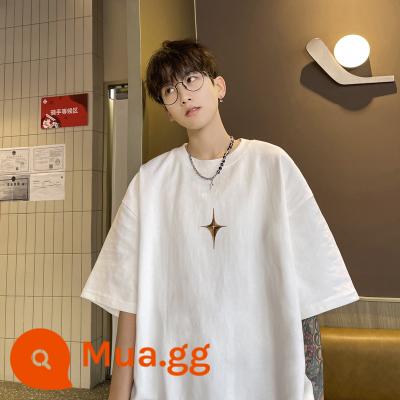 Cotton Mỹ oversize260g nặng T-shirt nam ngắn tay thương hiệu hợp thời trang mùa hè quần áo nửa tay đường phố thời trang - Màu trắng (in hình ngôi sao)