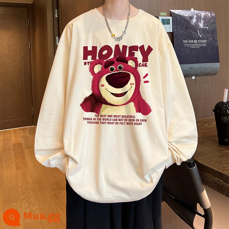 Áo thun dài tay hình gấu dâu phong cách retro Mỹ dành cho nam mùa thu đông chất liệu cotton nguyên chất bên trong áo khoác mùa thu đậm màu đỏ tía áo nỉ cổ tròn - quả mơ