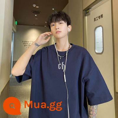 Cotton Mỹ oversize260g nặng T-shirt nam ngắn tay thương hiệu hợp thời trang mùa hè quần áo nửa tay đường phố thời trang - Màu xanh hải quân (in chữ CH)