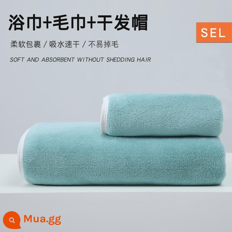 2022 mới khăn tắm hộ gia đình nam nữ hơn cotton nguyên chất cotton thấm hút nhanh khô khăn tắm cặp đôi khăn lớn khăn quấn mùa đông - [Bean Blue] Khăn tắm + khăn mặt + mũ sấy tóc